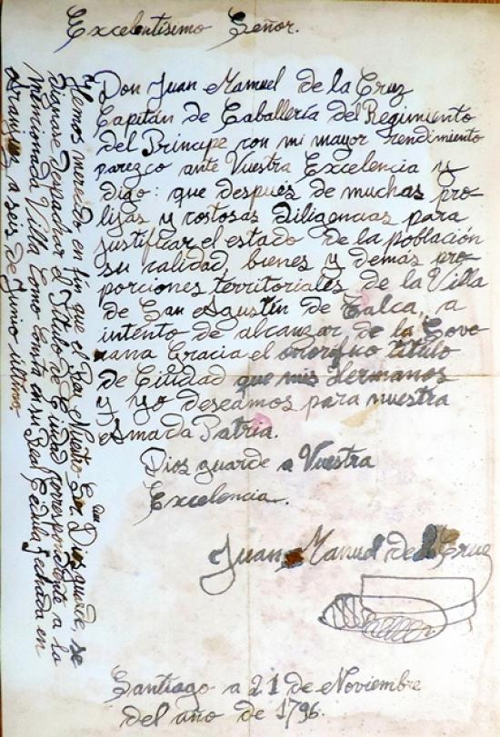 Detalle de la carta de Juan Manuel de la Cruz. Santiago, 21 de Noviembre de 1796