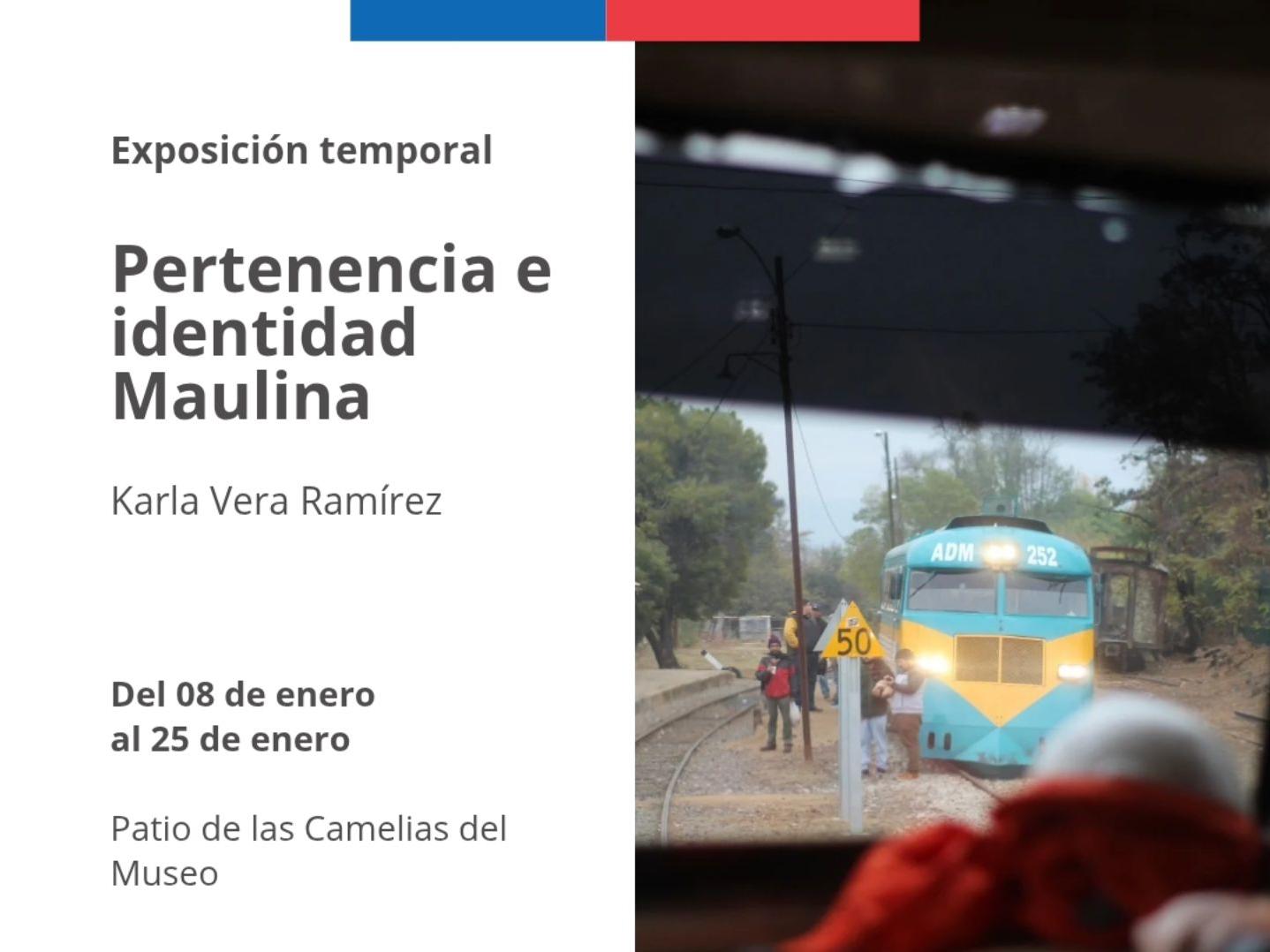 Afiche de presentación de la exposición con la imagen de una máquina del ferrocarril Talca-Constitución