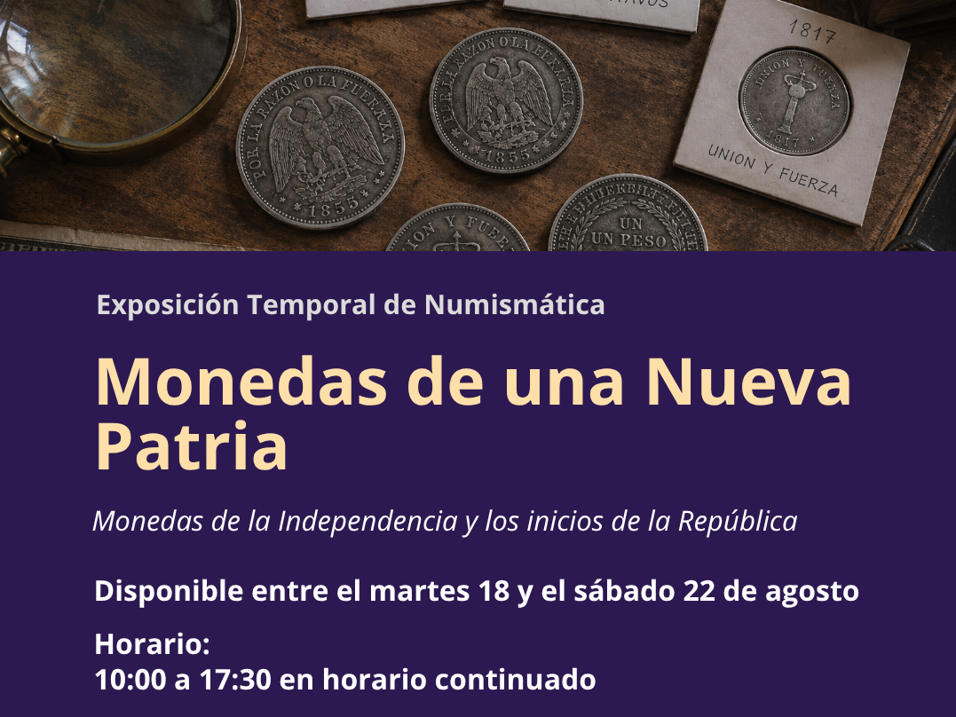 Invitación de la exposición con imágenes de monedas antiguas chilenas