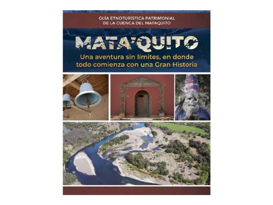 Portada del libro que muestra una campana, el frontis de una construcción, el traje de un danzante de la fiesta de Lora y una vista aérea del río Mataquito