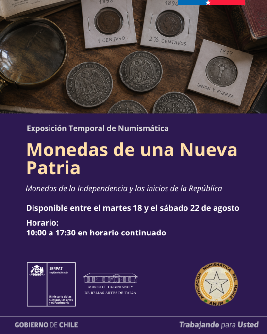 Invitación de la exposición con imágenes de monedas antiguas chilenas